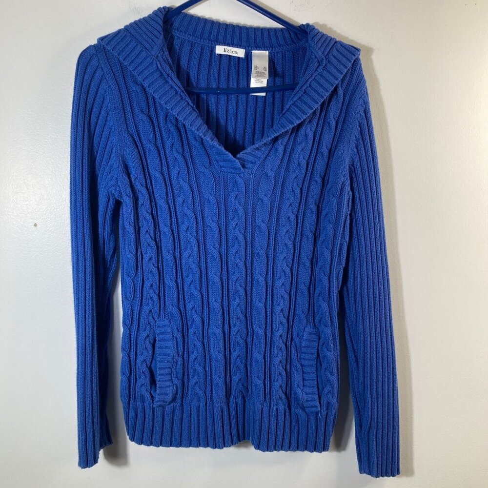 Womens Liz & Co V Neck Cable Knit Ribbed Sweater Blue XL Cotton